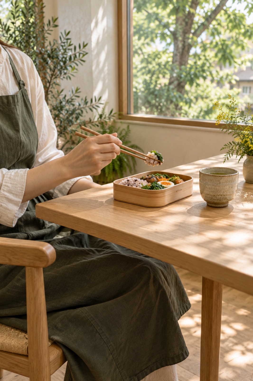奥の休憩スペースで、お弁当を食べる