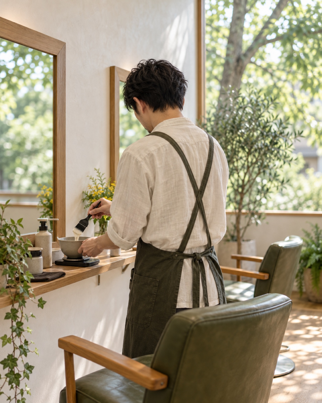 棚の前でカラー剤を準備しているスタイリストの後ろ姿