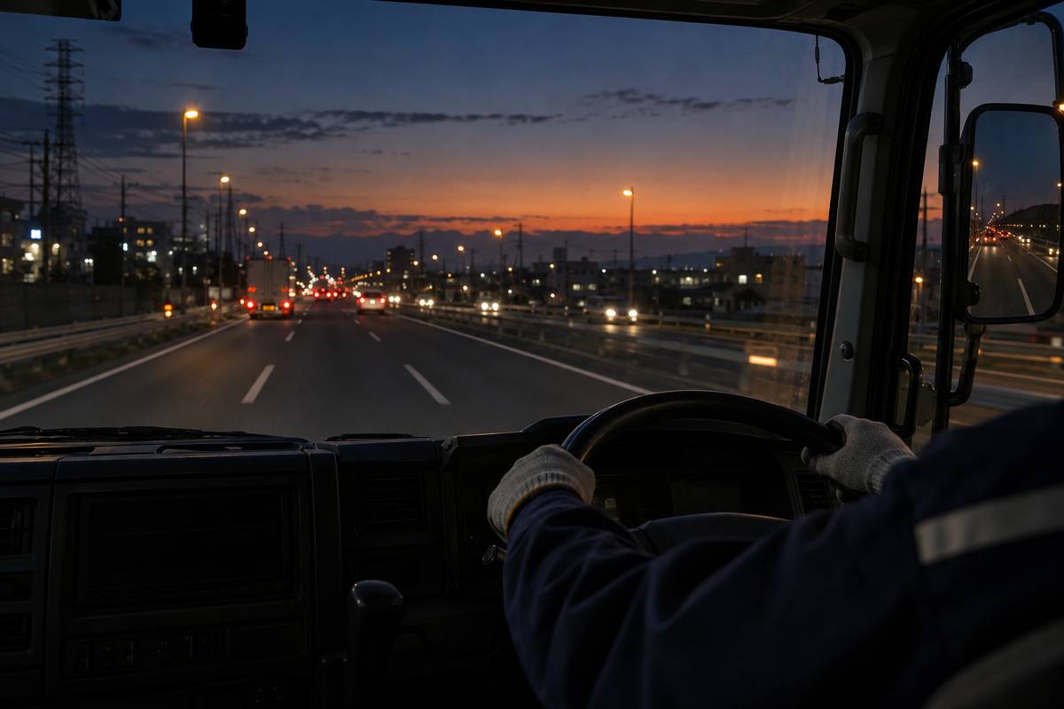 まだ暗い国道を走るトラックの運転席