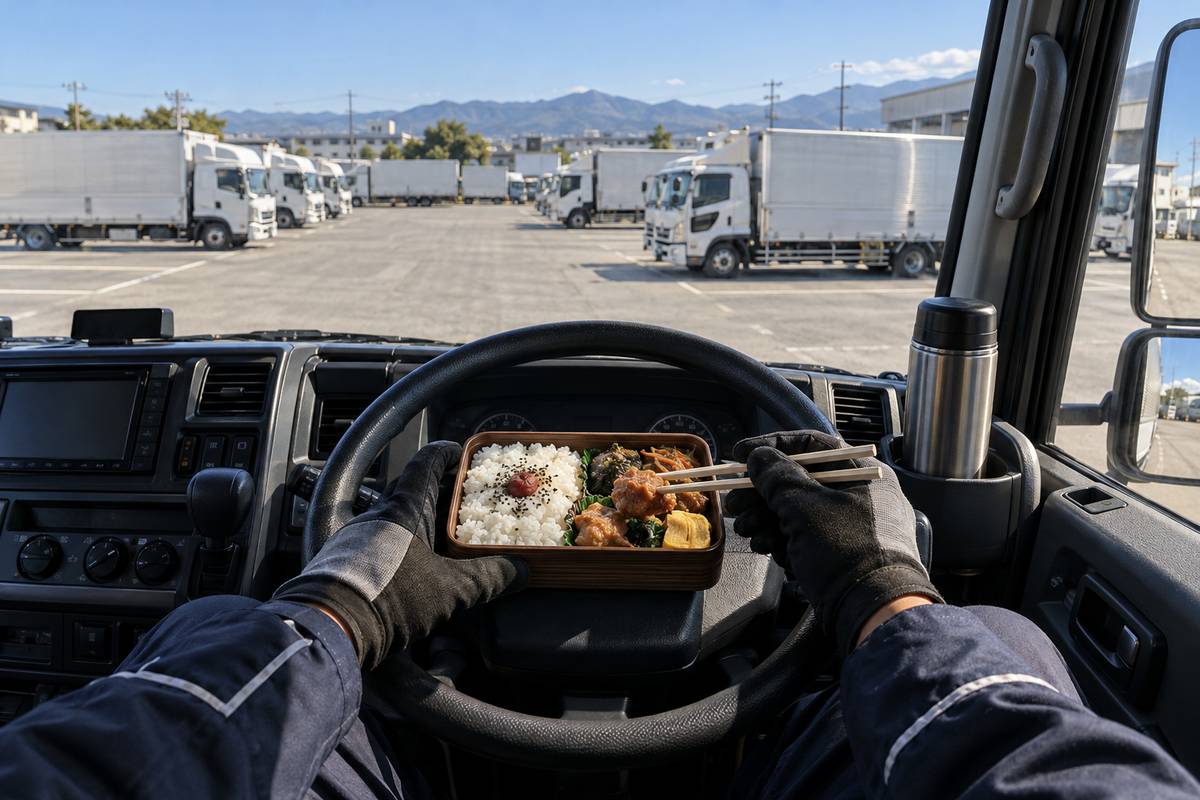 運転席で弁当を広げるドライバーの手元