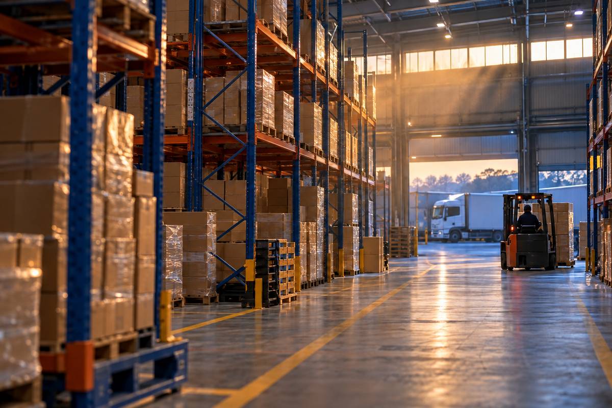 自社倉庫の中に並ぶラックとフォークリフト