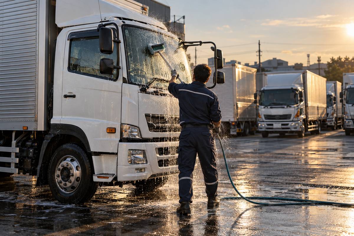 車庫でトラックを洗うドライバー