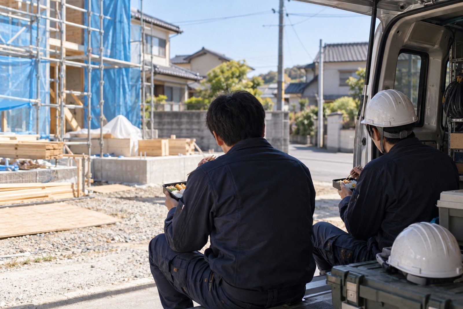 社用車に腰かけて昼食をとる職人