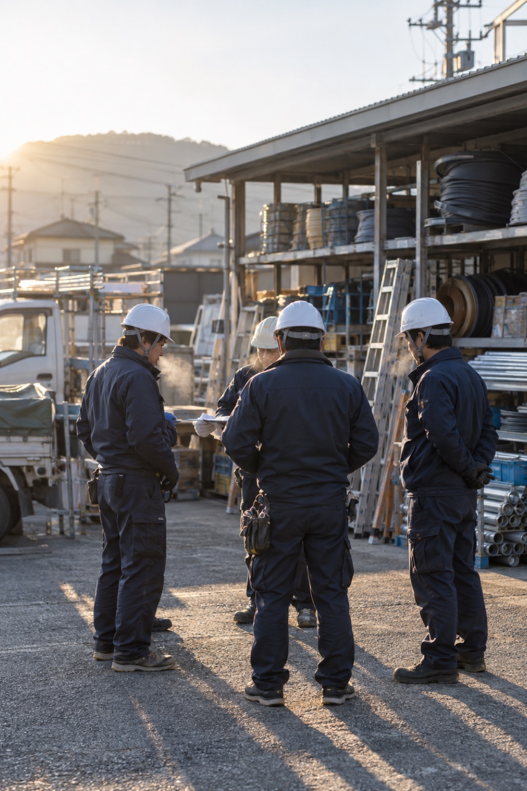 資材置き場での朝礼