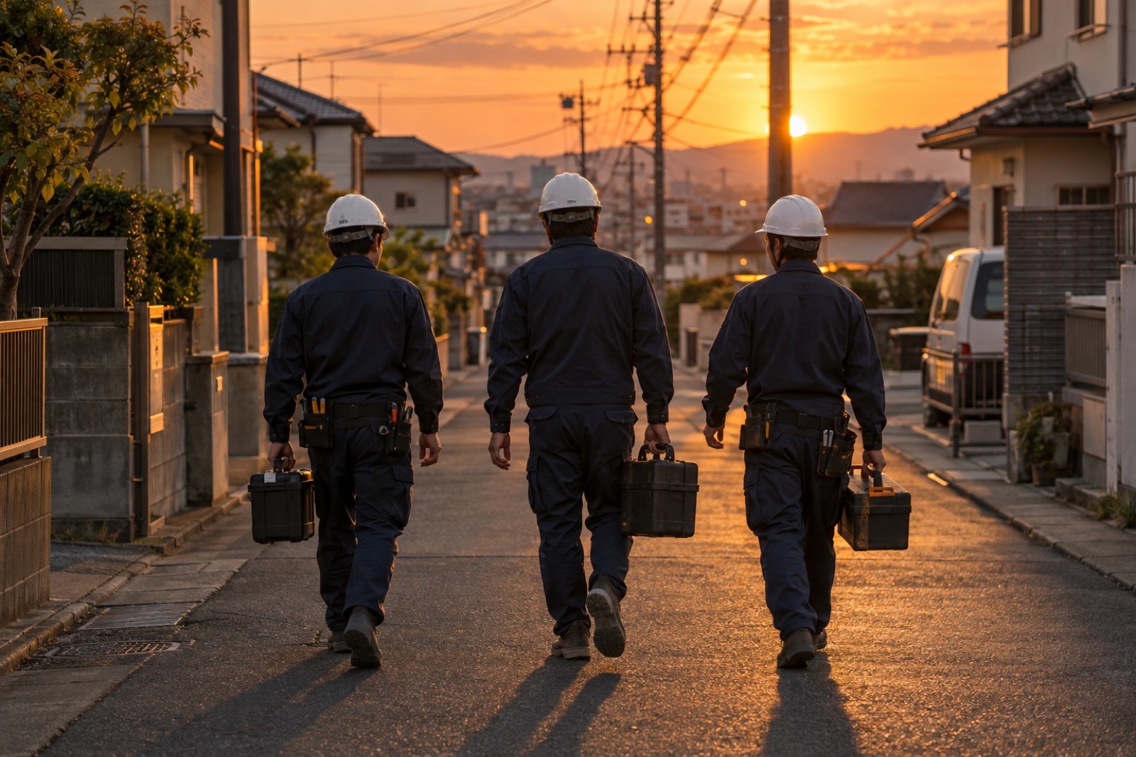 夕方、現場から引き上げる職人たち