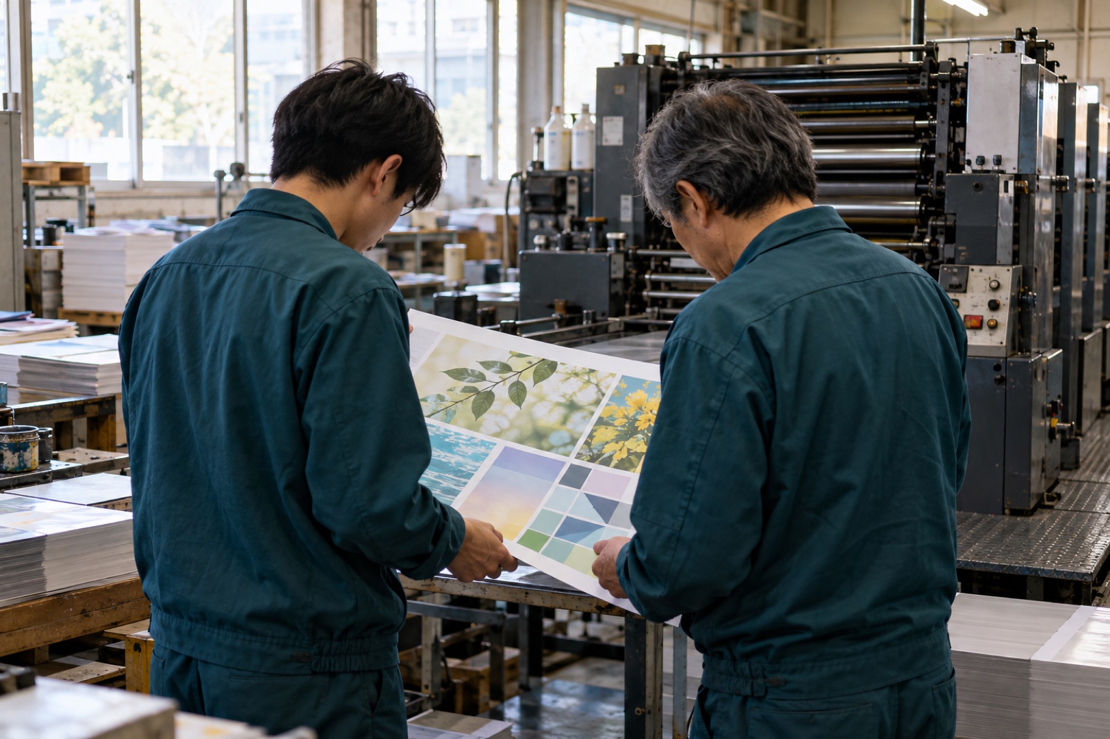 印刷機の前で、先輩と若手が刷り出しの紙をのぞき込む後ろ姿