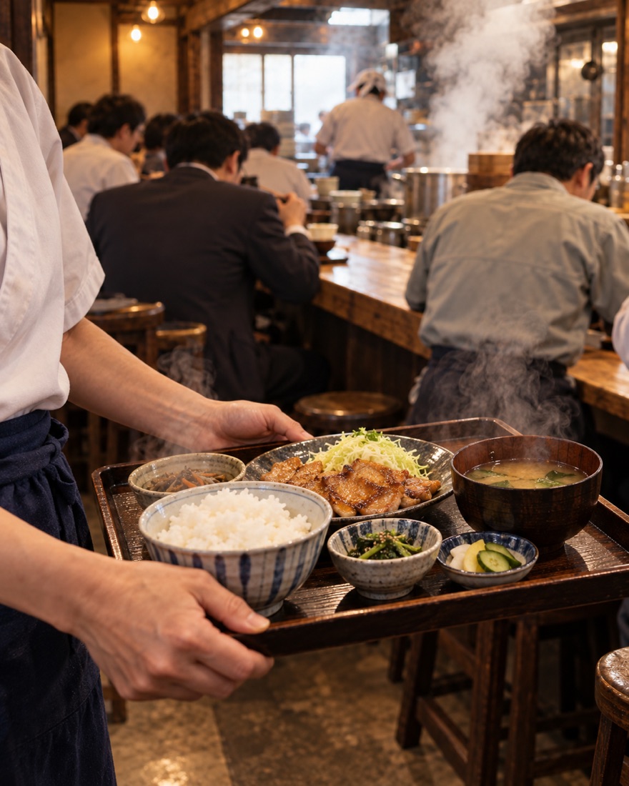 昼どき、定食の盆を運ぶスタッフ