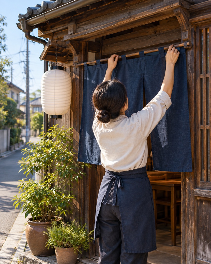 開店前に暖簾を掛ける様子