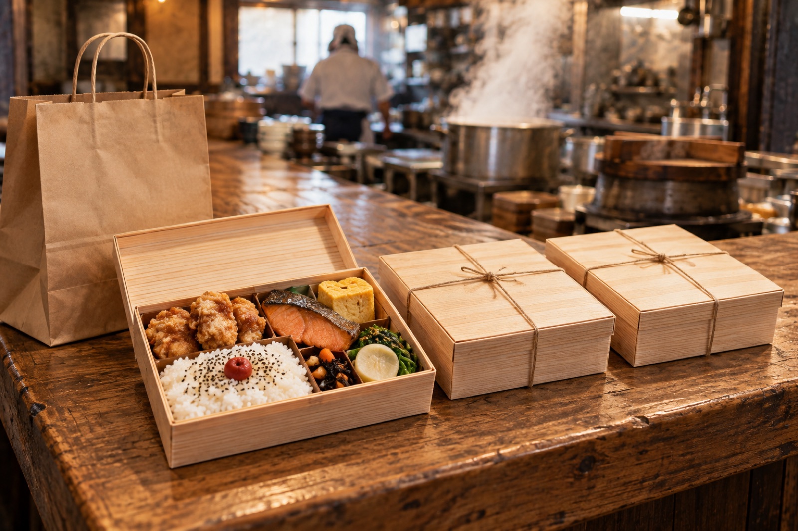 経木の折箱に詰めた持ち帰りのお弁当