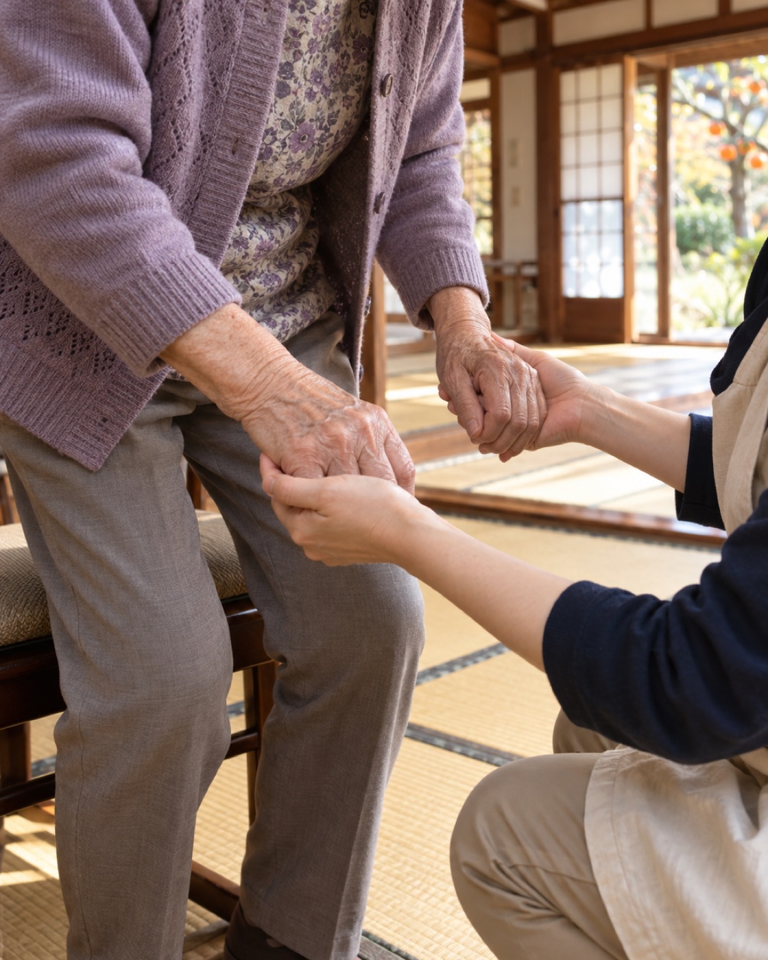 椅子から立ち上がる方の手を支える手元