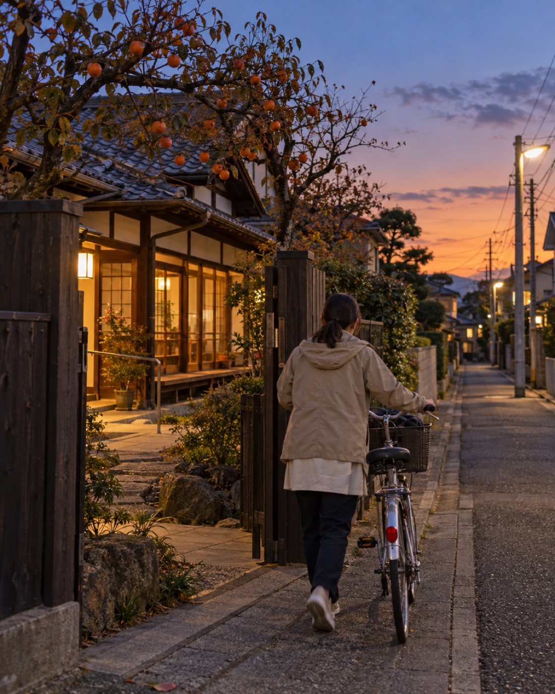 夕方、自転車を押して門から帰るスタッフの後ろ姿