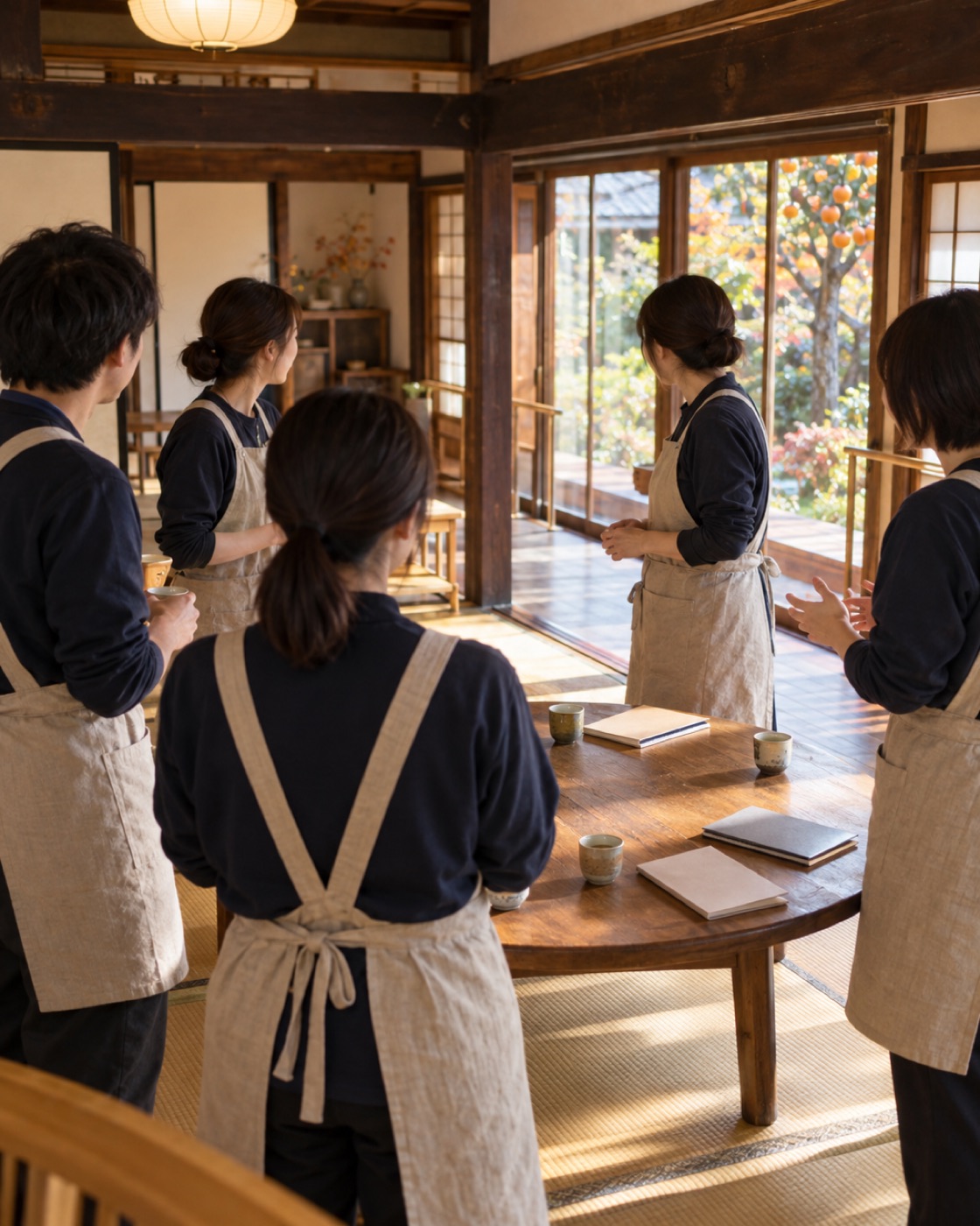 広間で朝の申し送りをするスタッフの後ろ姿