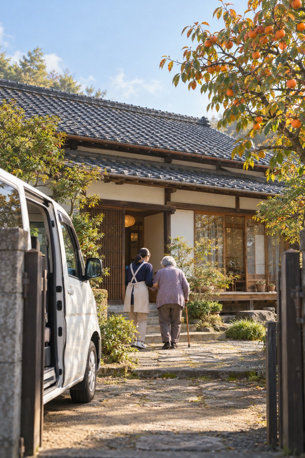 朝、送迎の車から玄関へ。スタッフが手を取って歩く後ろ姿