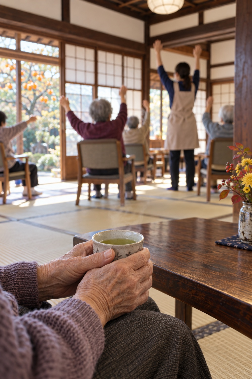 畳の広間でお茶を手に。奥では椅子に座って体操