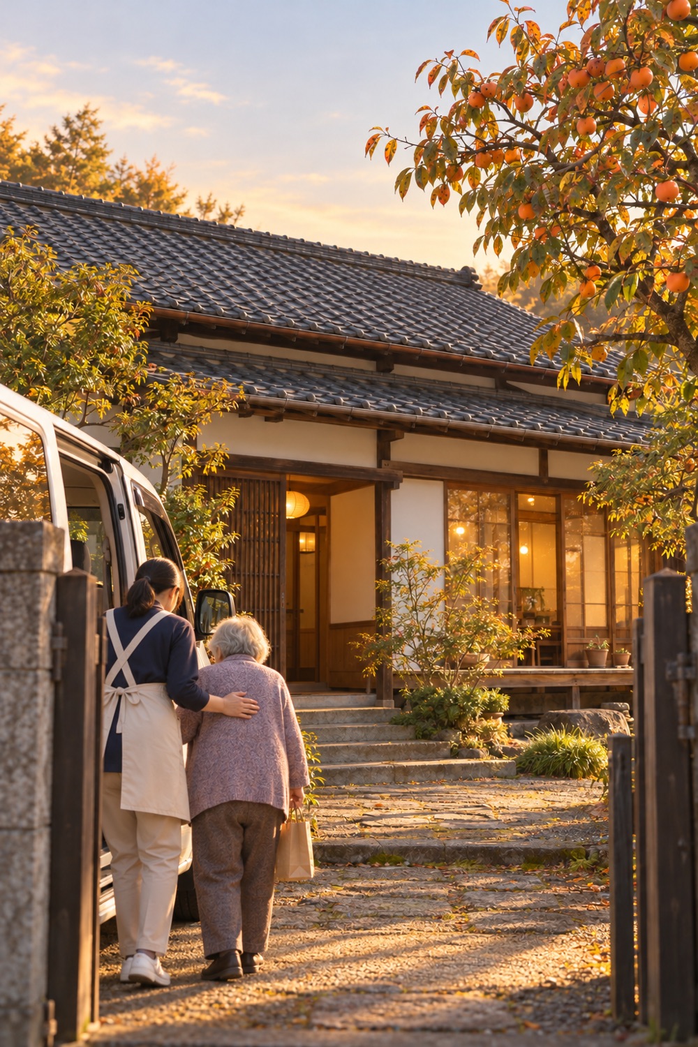 夕方、同じ玄関から送迎の車へ