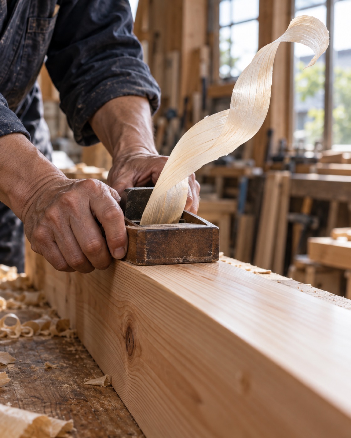 鉋で杉の角材を削る大工の手元