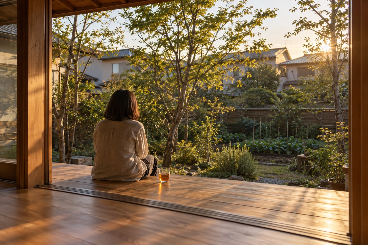 夕方、縁側に腰かけて庭を眺める人の後ろ姿