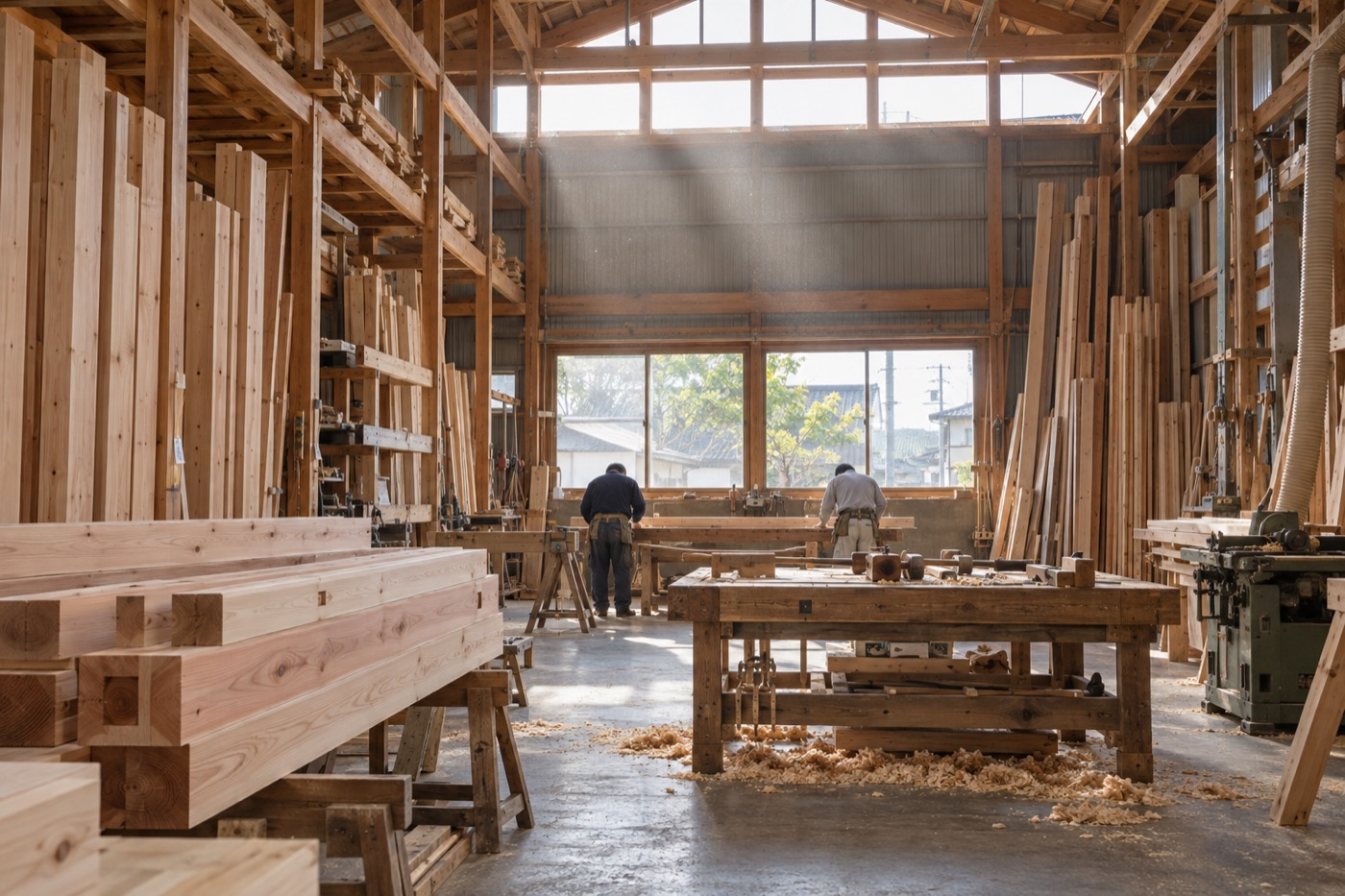 木材が積まれた加工場で、墨付けをする大工たち