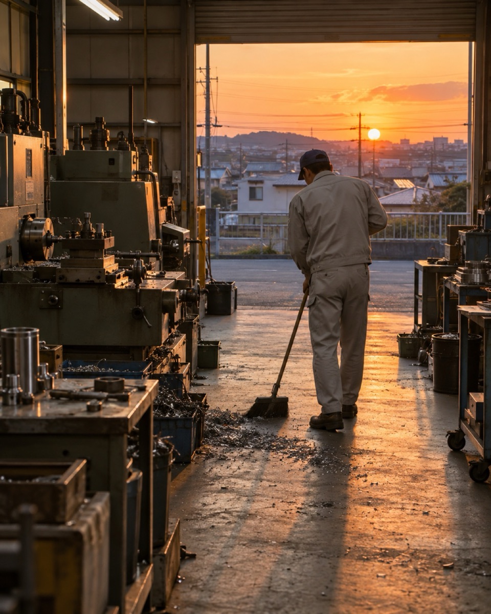 夕方、切りくずを掃除する社員の後ろ姿
