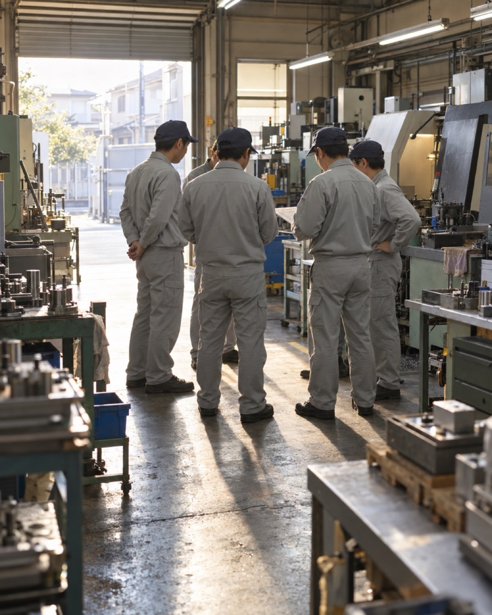 機械の間の通路で輪になって朝礼をする社員たち