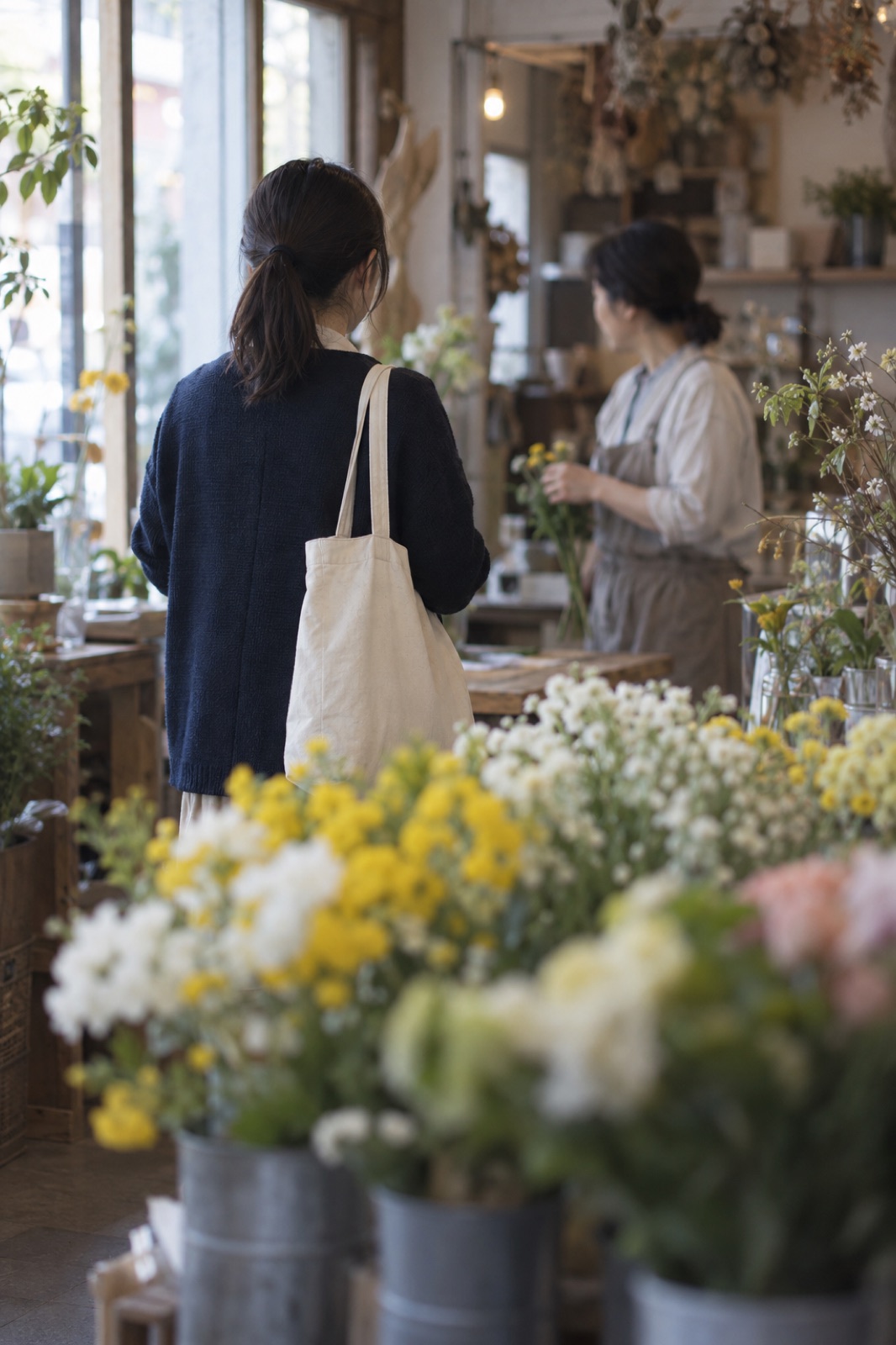 顧問先の花屋で店主と話すスタッフの後ろ姿