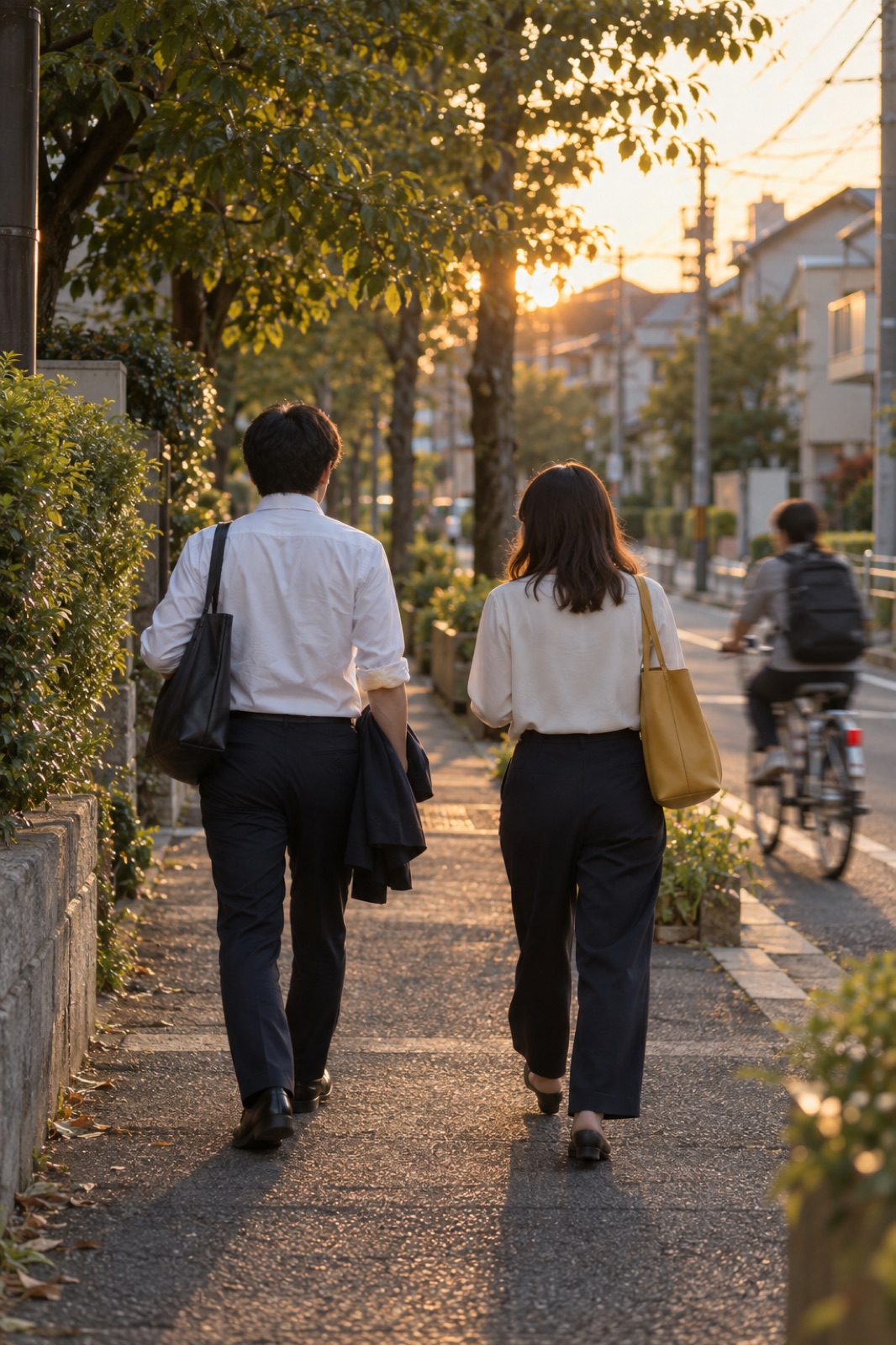 夕方の並木道を帰るスタッフの後ろ姿