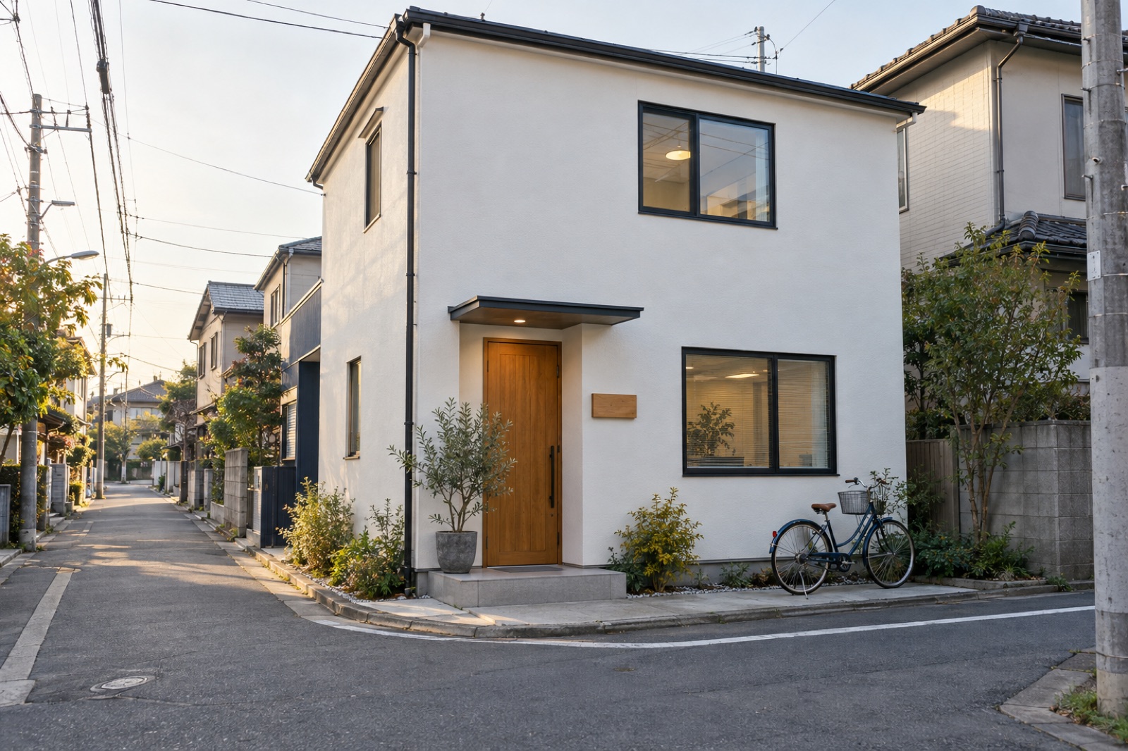 住宅街の角にある、白い壁と木の扉の事務所