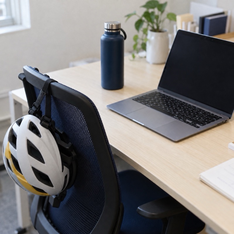 ノートパソコンと自転車のヘルメットがある机