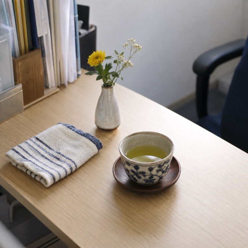 茶碗と一輪挿しがある机