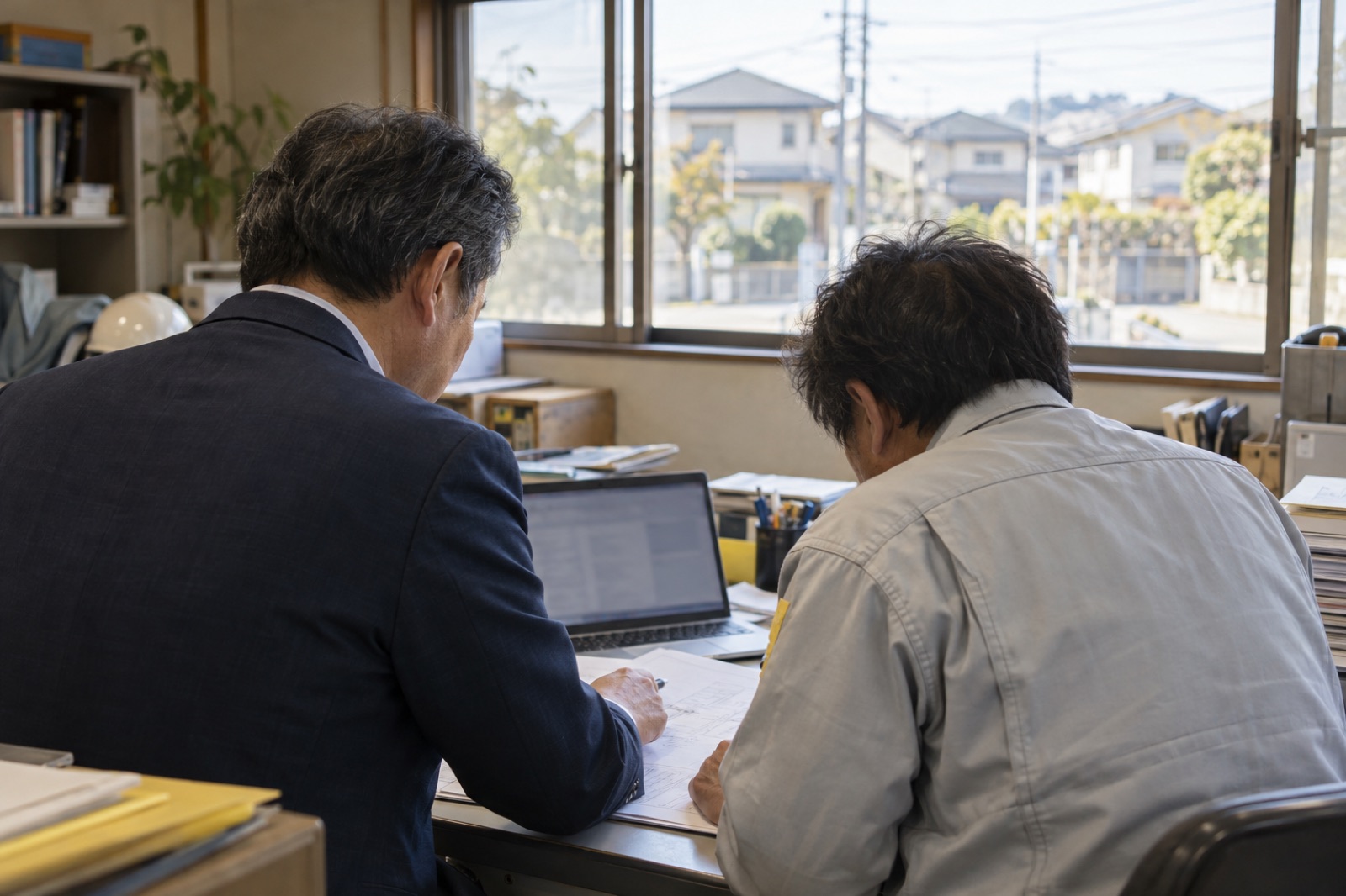 工務店の事務所で、社長と並んで帳簿を見る所長の後ろ姿